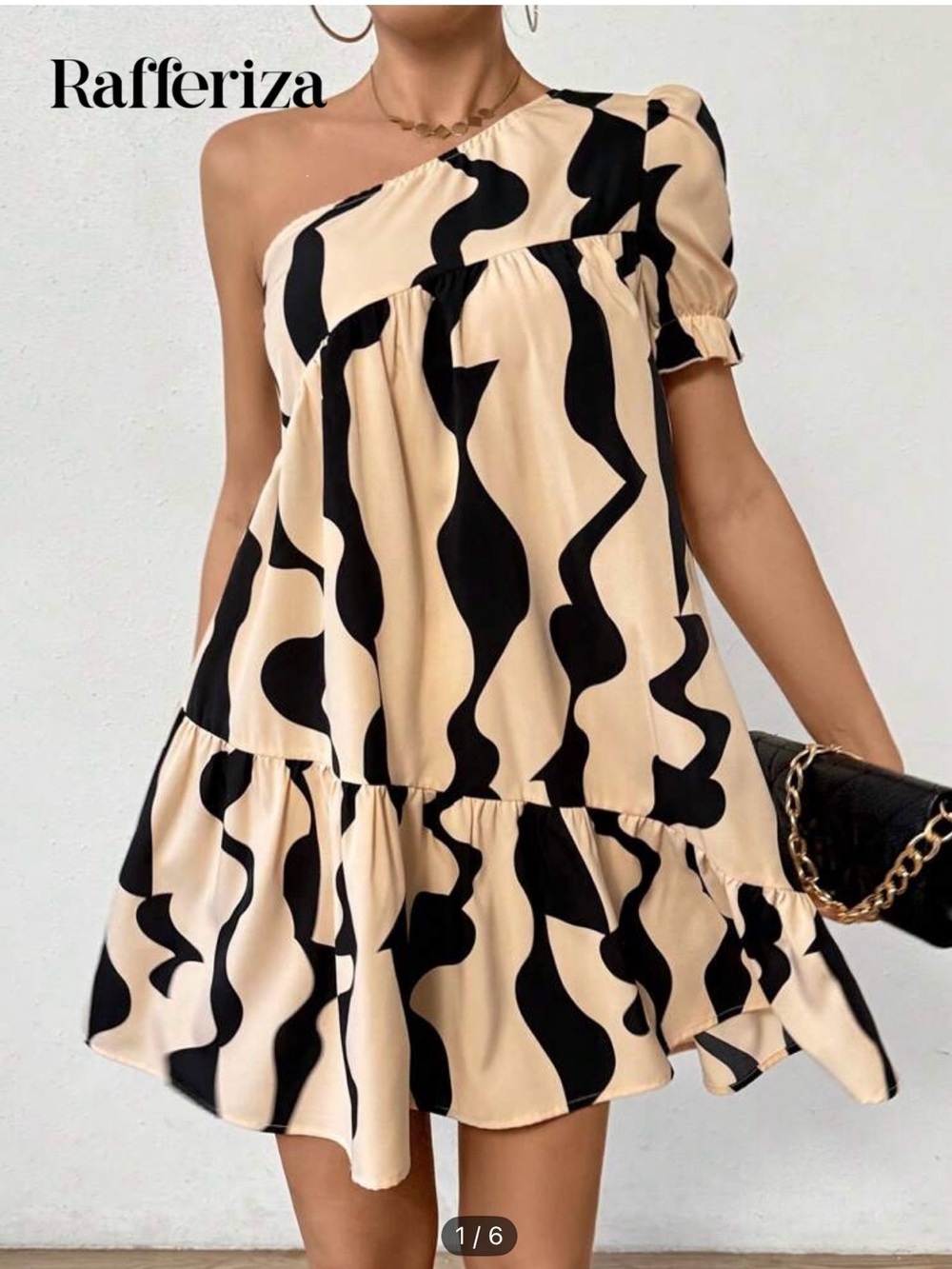 One-Shoulder Beige & Black Patterned Mini Dress